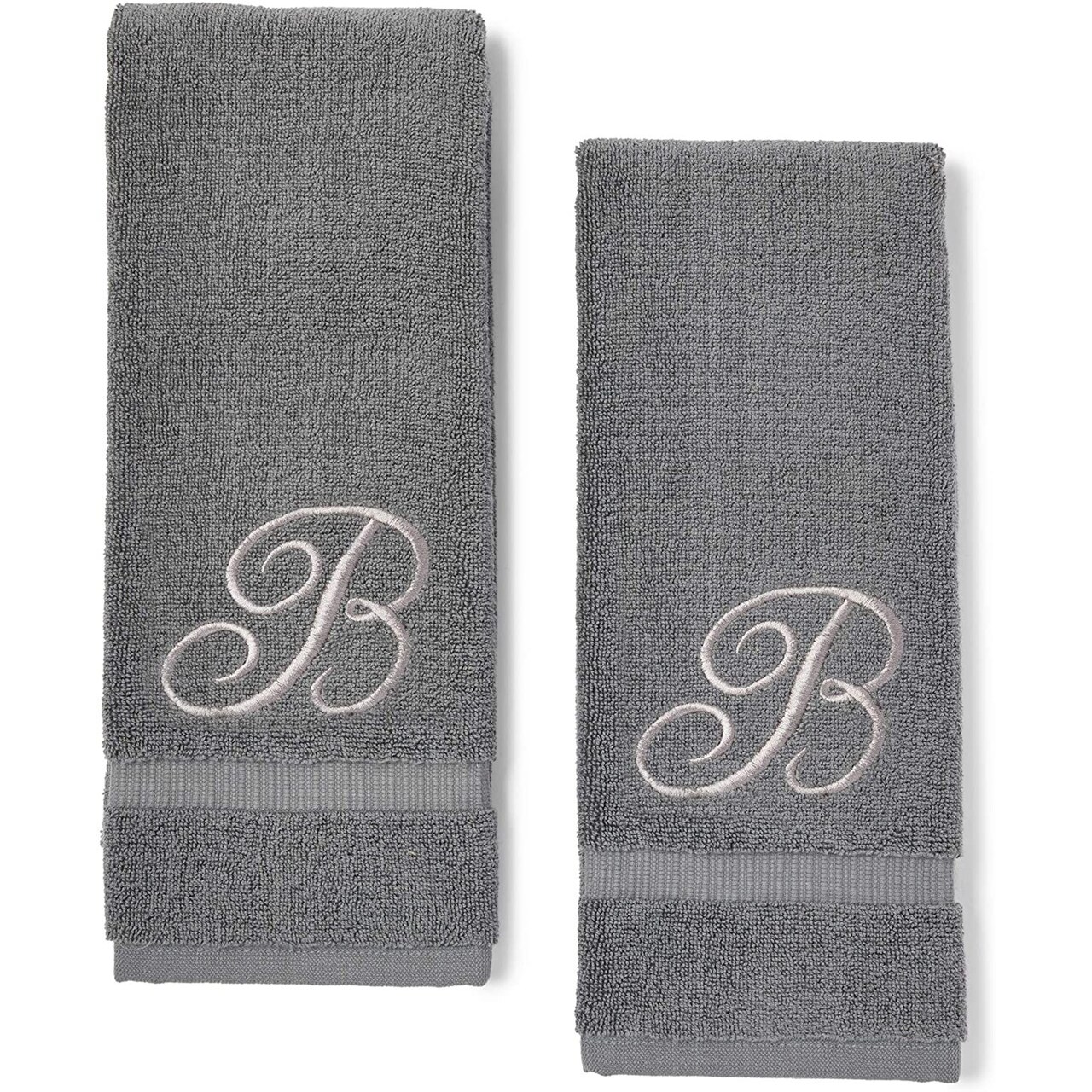 2 Pack Letter B Monogrammed Hand Towels, Gray Cotton Hand Towels with Silver Embroidered Initial B for Wedding Gift, Bridal Shower, Baby Shower, Anniversary (16 x 30 Inches)